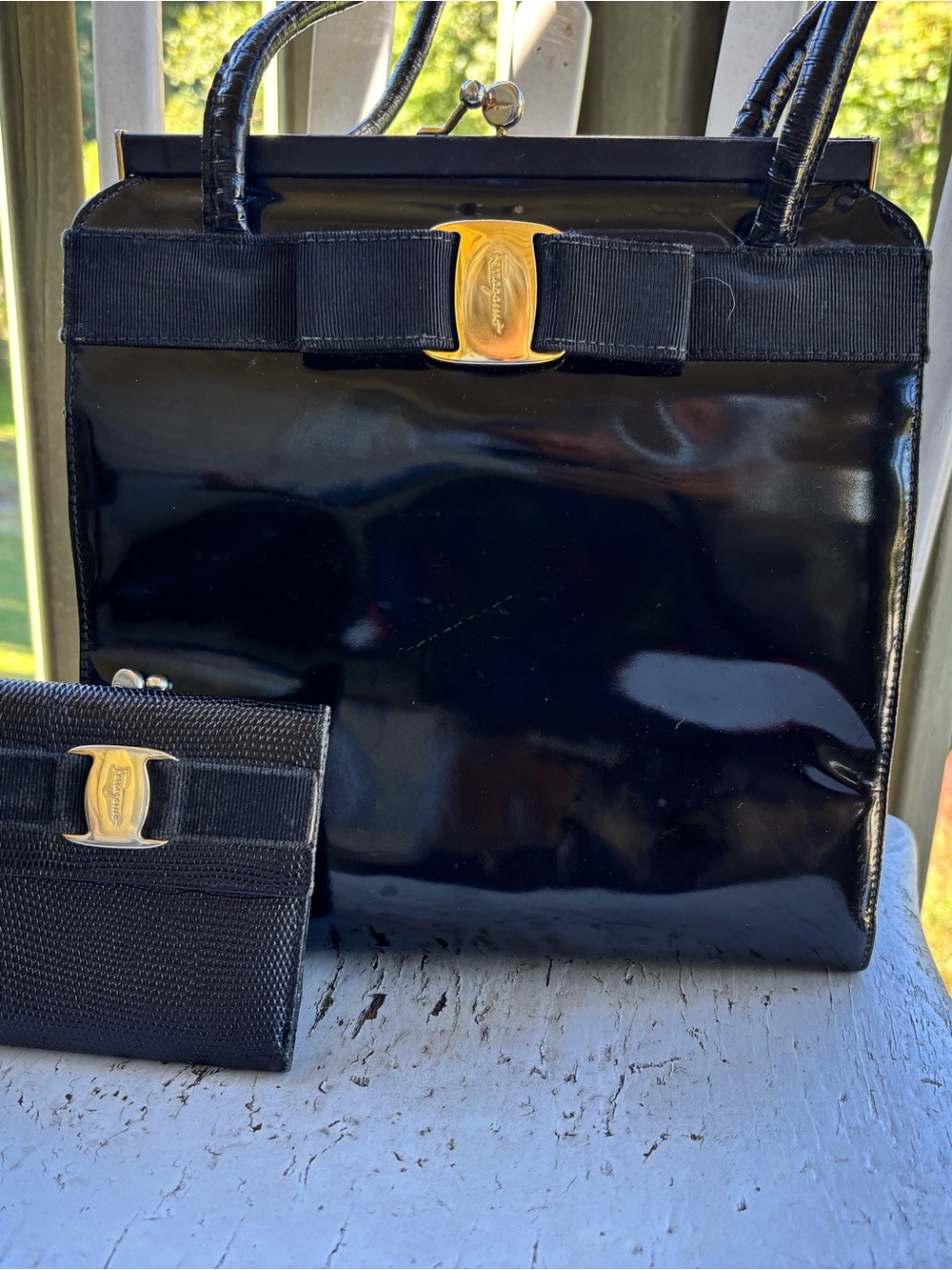 Salvatore Ferragamo Kiss Lock Patent Leather purse with Kiss Lock Wallet